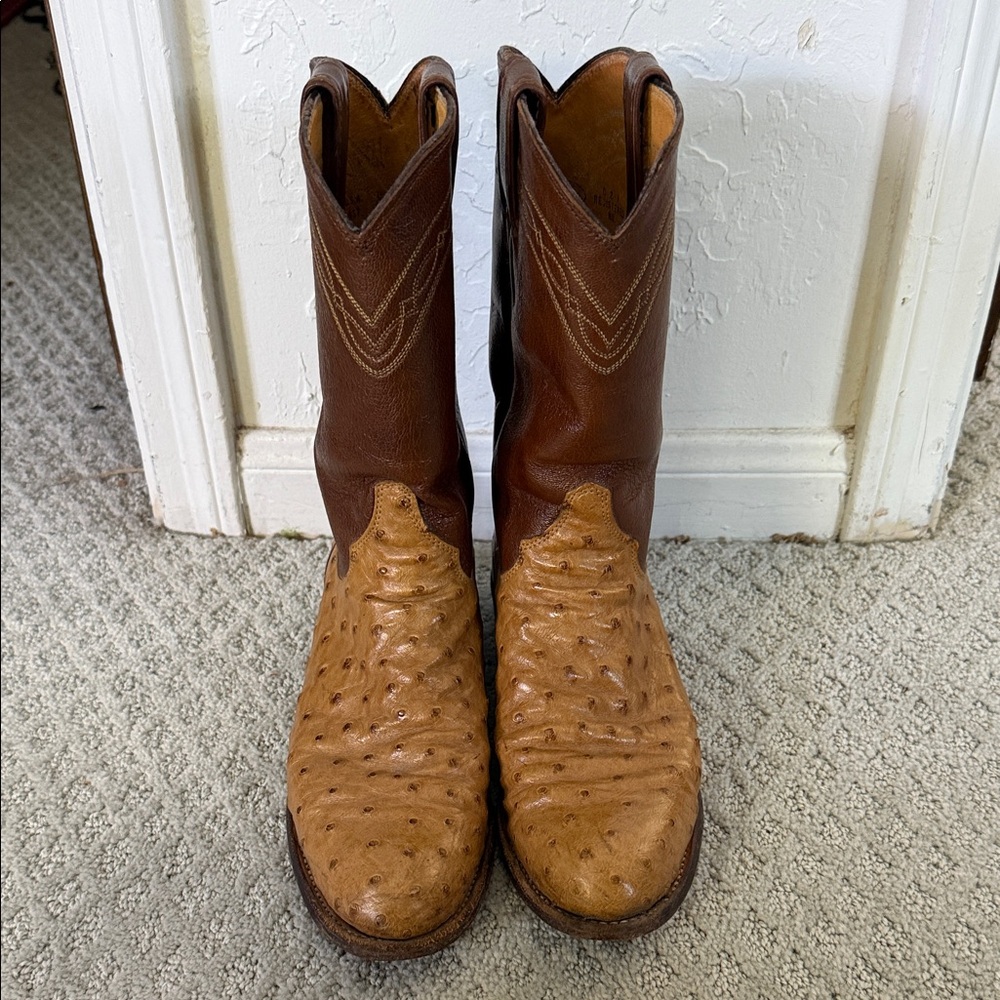 Justin Boots Two-Tone Brown Ostrich Toe Cowboy Boots